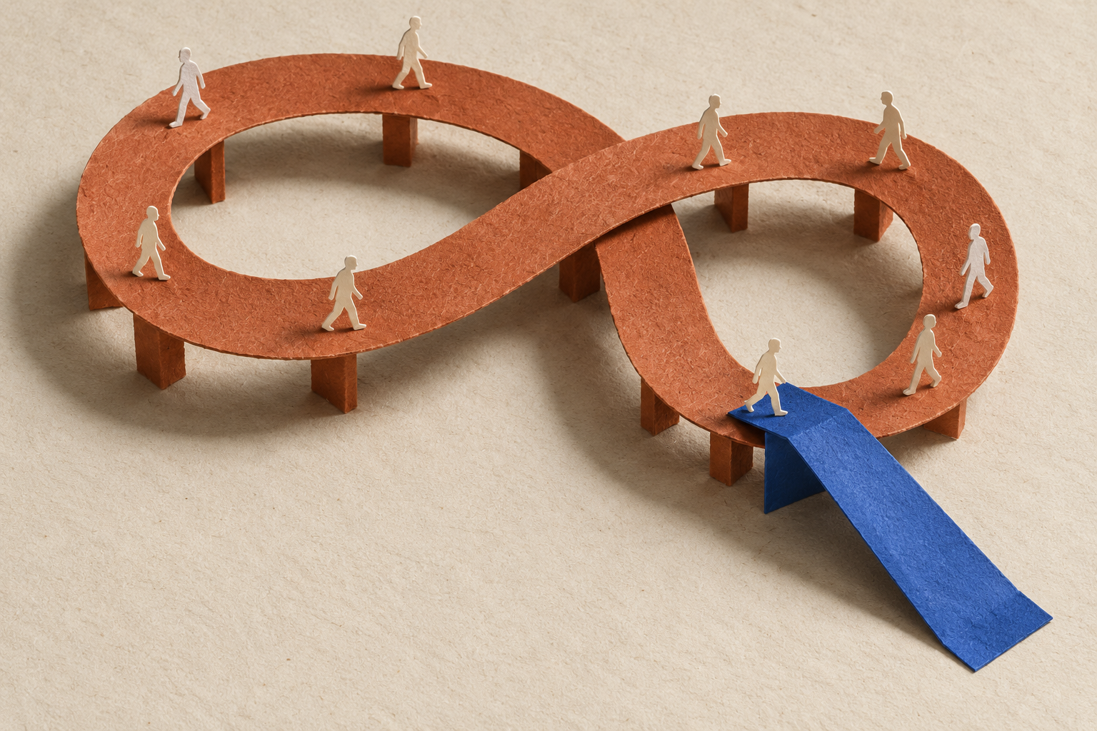 Paper figures walking around an orange figure-eight path, with one taking a blue exit ramp.